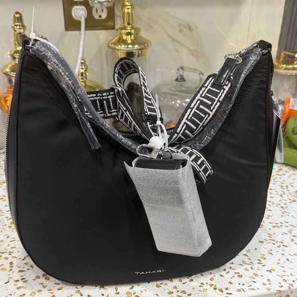 Tahari Black Hobo Bag with Patterned Strap